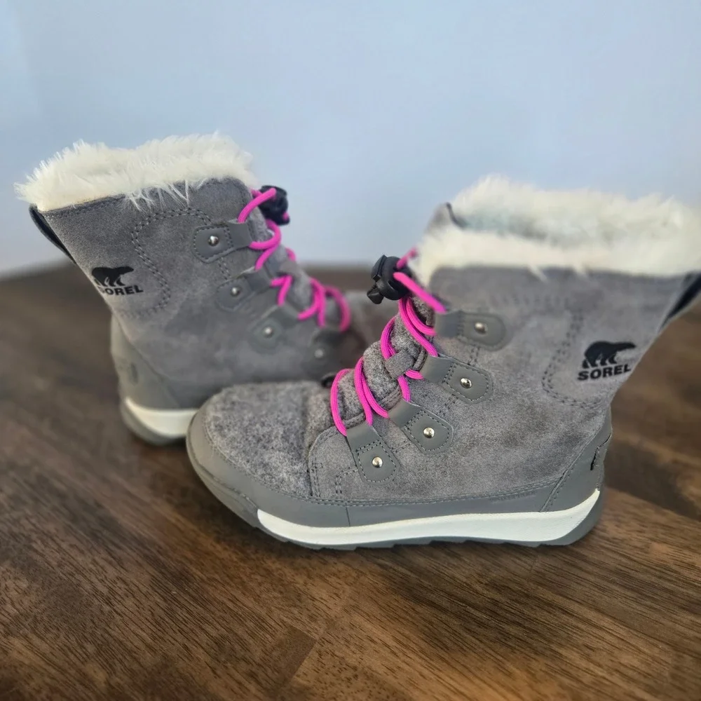 Sorel Whitney Kids Grey Suede Felt Waterproof Winter Boots‎ Pink Bungee Faux Fur